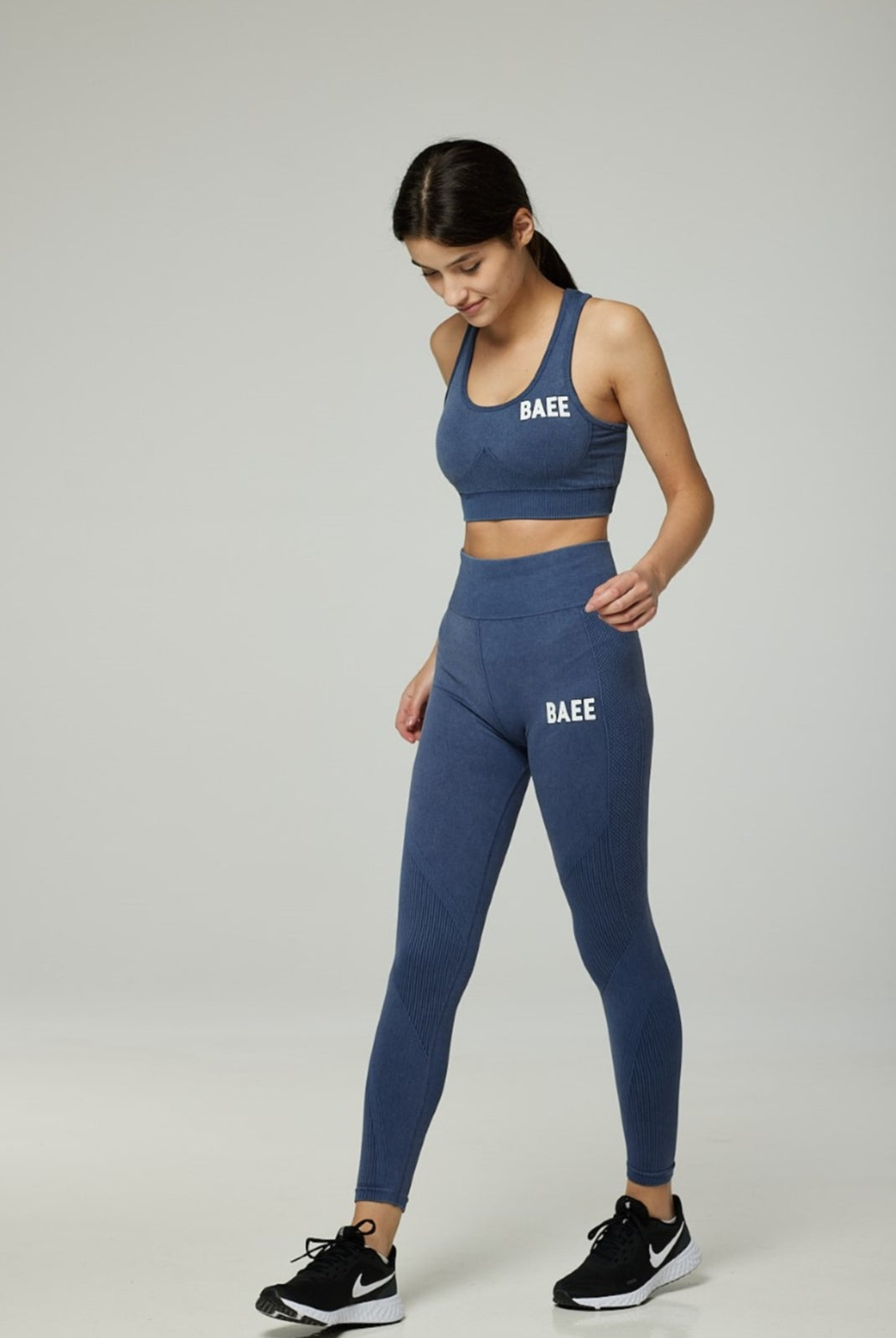 Matching indigo denim look gym set