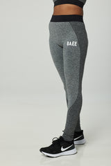 BAEE logo printed on charcoal workout leggings