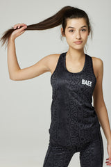 BAEE logo on chest of black gym vest