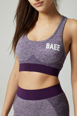 BAEE print logo on purple sports bra