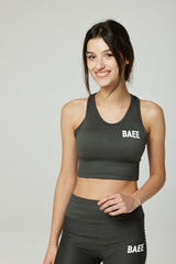 Model wearing matching iron grey workout set