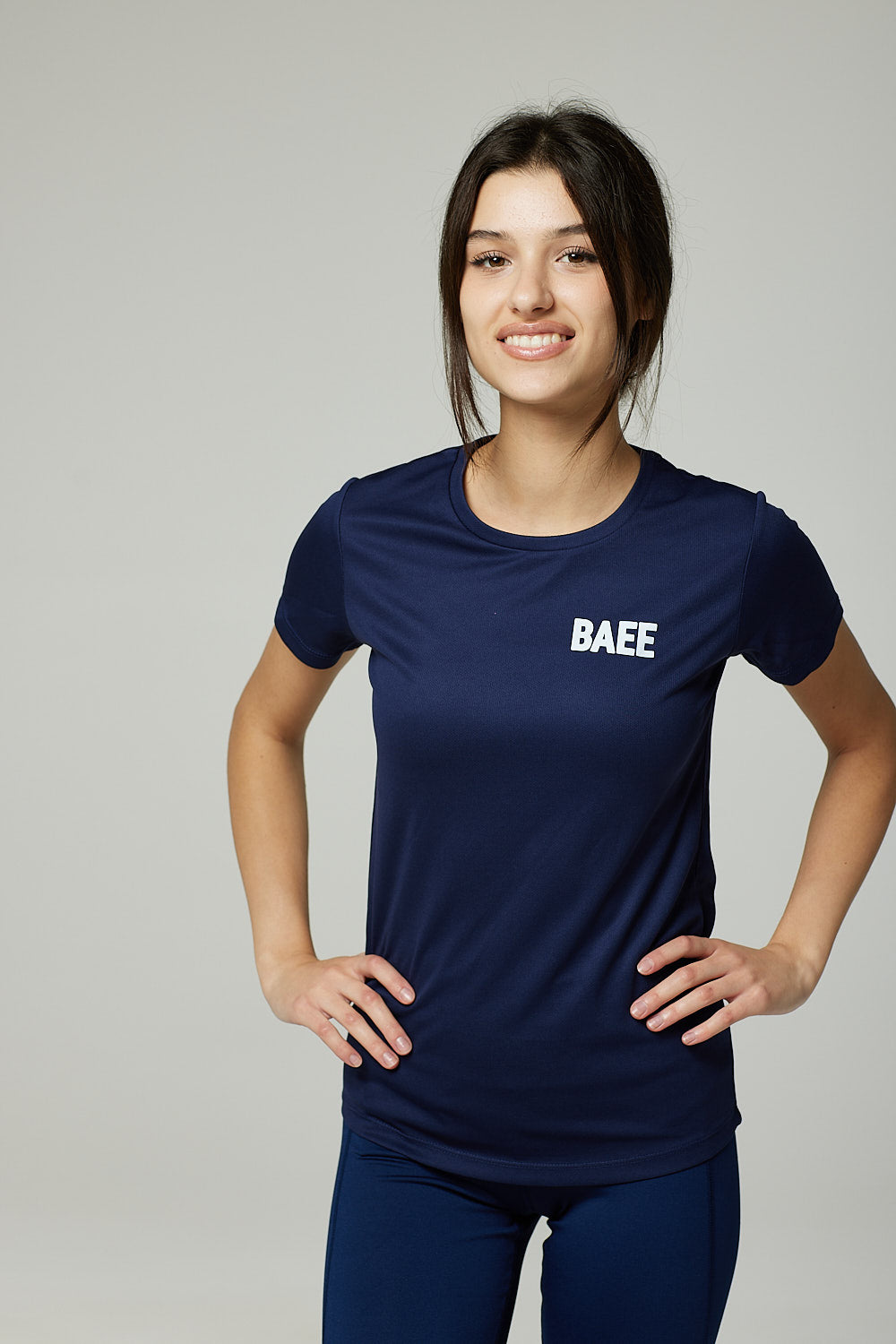 BAEE printed logo on chest of navy blue t-shirt