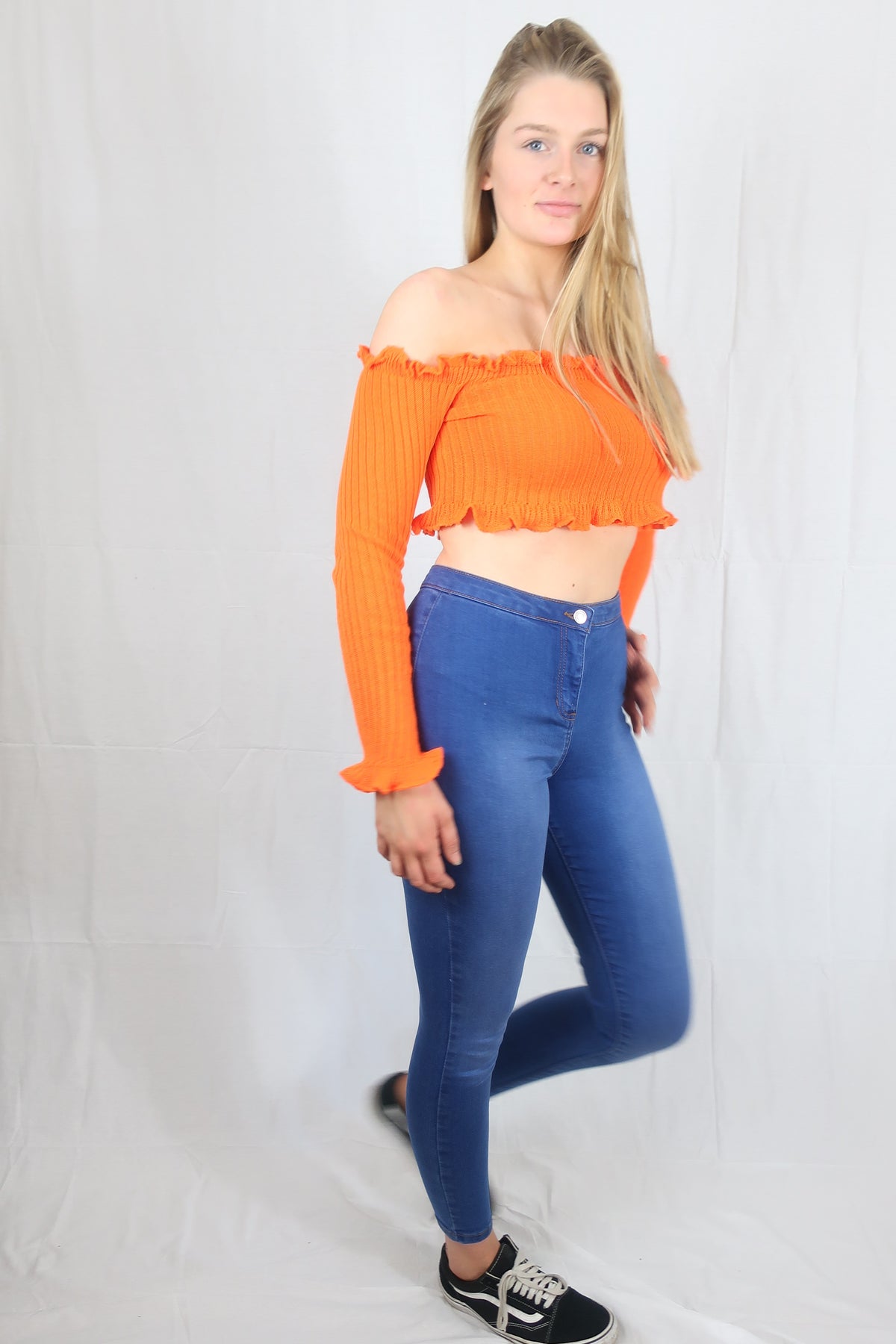 Sophie Orange Ruffle Bardot Ribbed Top