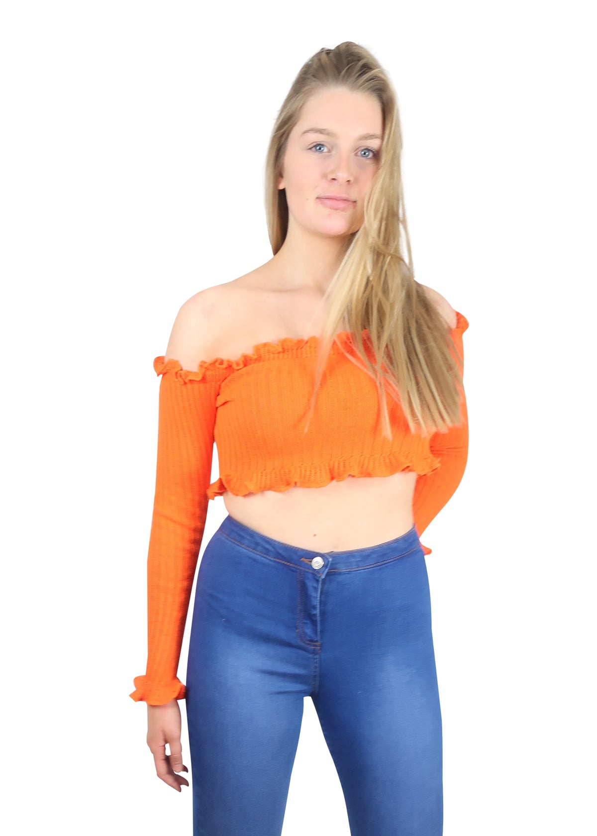 Sophie Orange Ruffle Bardot Ribbed Top