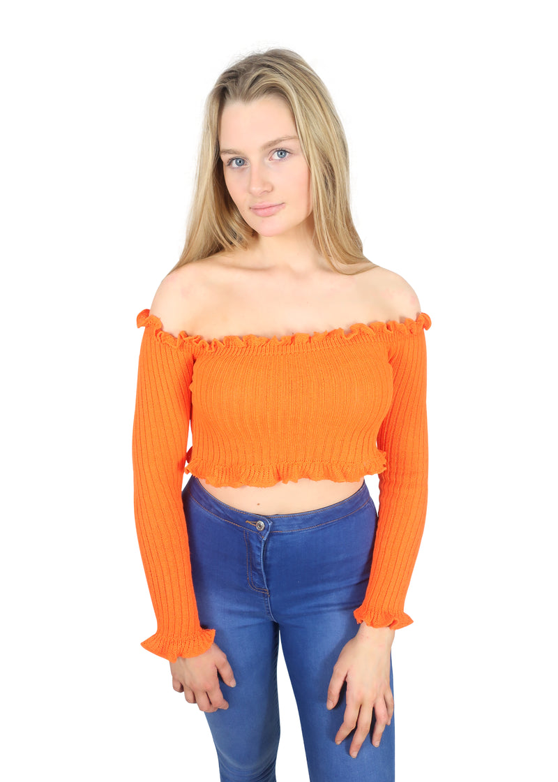 Sophie Orange Ruffle Bardot Ribbed Top