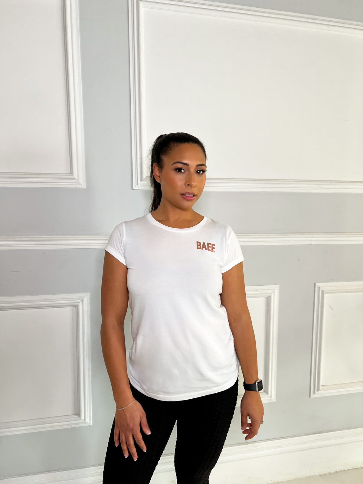 BAEE White T-Shirt Customised Rose Gold Print